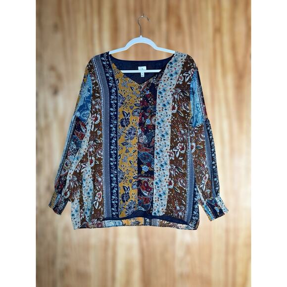 Dressbarn XL Boho Patchwork Floral Blouse VNeck Long Sleeve Mixed Print Fall Top - Picture 1 of 7